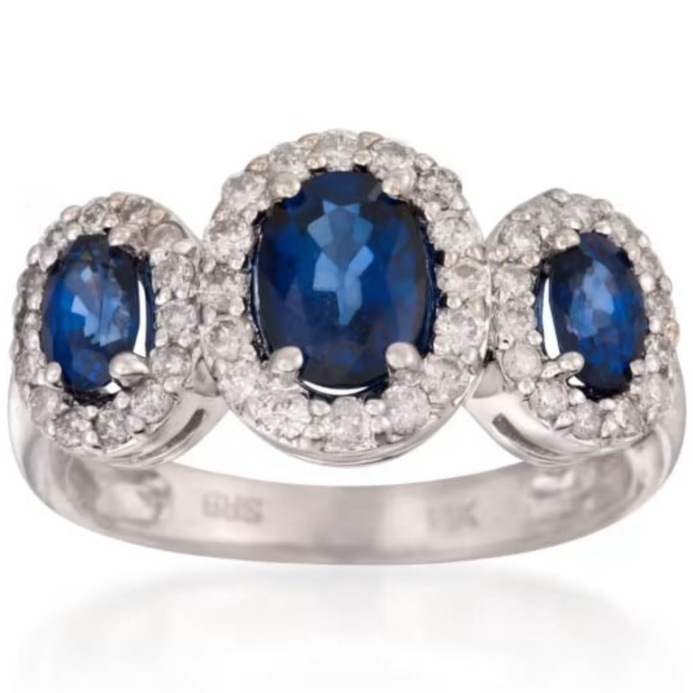 NIB 1.6 ct Oval Sapphire & .25 ct Diamond 3 Stone Ring 14KT White Gold Size 7